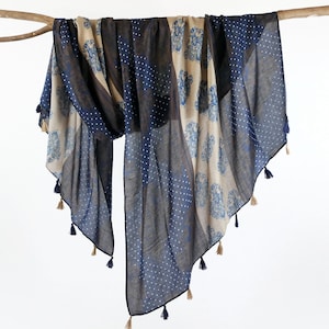 Dark Blue Brown Woman Scarf Retro Low Key Tassel Shawl Boho Wrap Birthday Mothers Day Gift for Her 73x33&quot;