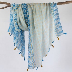 Exotic Blue Yellow Voile Shawl Boho Woman Scarf Lightweight Spring Wrap Birthday Mother&#39;s Day Gift for Her 73x33&quot;