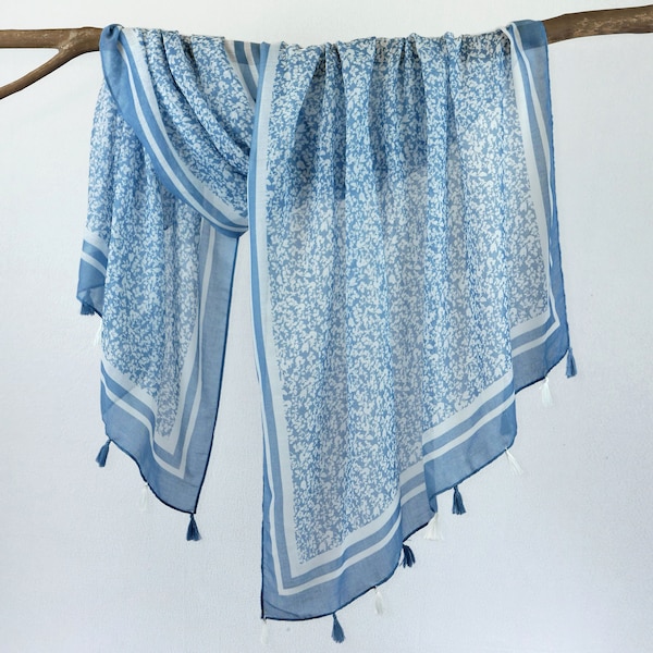 Baby Blue White Lightweight Summer Scarf Soft Tassel Shawl Boho Wrap Gift for Her