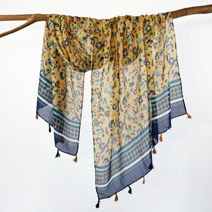 Mustard Yellow Blue Exotic Floral Scarf Tassel Shawl Boho Flower Wrap Birthday Gift for Her