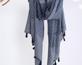 Unisex Denim Blue Floral Stripe Pattern Autumn Scarf Gift for Him
