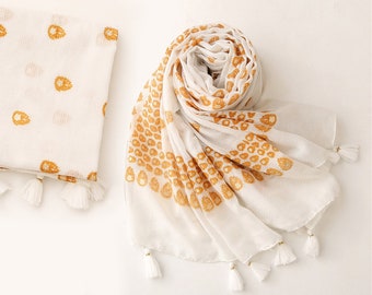 73x35" Golden Yellow on White Cotton Line Feel Long Scarf Gift for Women, Beach Sarong Shawl with Tassel Mother's Gift
