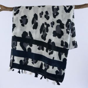 Black White Woman Scarf  Autumn Tassel Wrap Birthday Mother's Day Gift for Her 73x33"