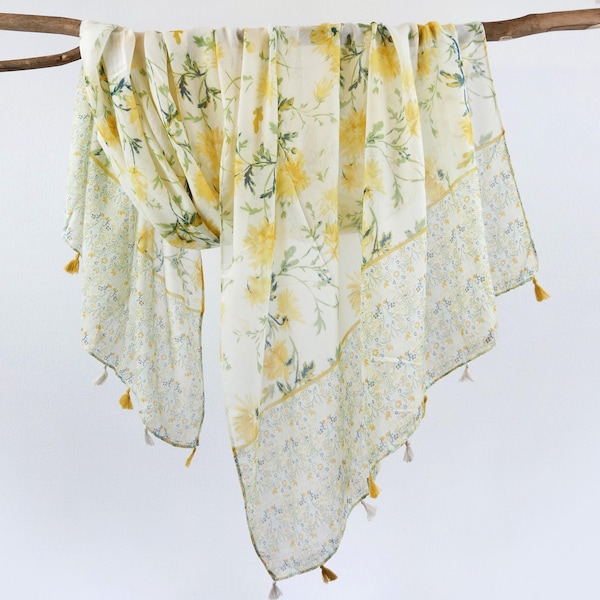 Little Yellow Floral Soft Voile Woman Scarf Tassel Shawl Extra Thin Botanical Spring Wrap Gift for Her