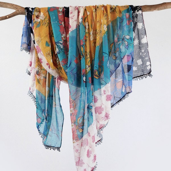 Colorful Floral Scarf Boho Spring Flower Shawl Botanical Wrap Mothers Day Birthday Gift for Her 71x33"