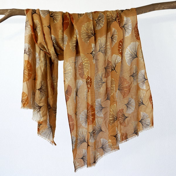 Caramel Autumn Scarf Gold Foil Brown Ginkgo Leaves Woman Shawl Boho Wrap Mothers Day Gift for Her