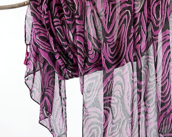 Abstract Violet Purple Black Scarf Boho Tassel Shawl Lightweight Voile Wrap Birthday Mother's Day Gift for Her 73x33"