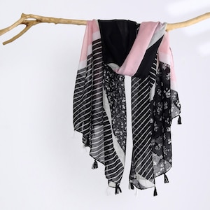 Pink Black White Cotton-Feel Autumn Shawl Floral Stripes Tassel Woman Scarf Gift for Her 73x33"