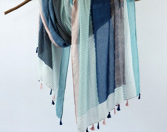 Sky Blue Pink Summer Scarf Soft Tassel Shawl Boho Wrap Gift for Her