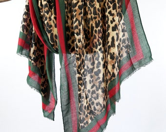 Cheetah Leopard Woman Scarf Animal Skin Printed Shawl Green Red Christmas Wrap Gift for Her 71x33"