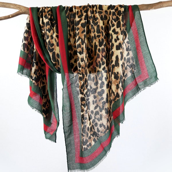 Cheetah Leopard Woman Scarf Animal Skin Printed Shawl Green Red Christmas Wrap Gift for Her 71x33"