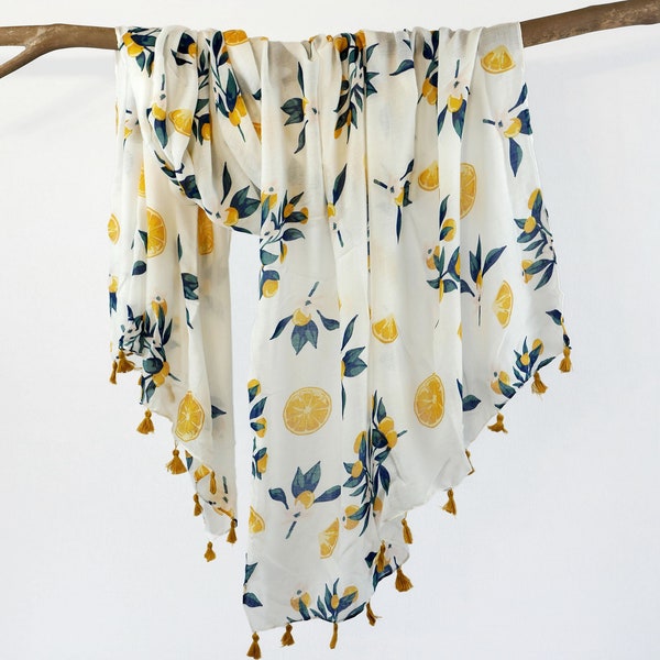 Yellow Lemon White Scarf Lightweight Boho Shawl Fun Fruit Tassel Wrap Birthday Mother's Day Gift for Her 73x33"