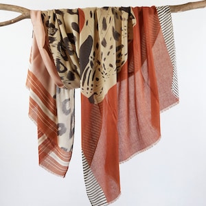 Cinnamon Brown Cheetah Leopard Print Scarf Raw Edge Unisex Animal Wraps Gift for Her 71x33"