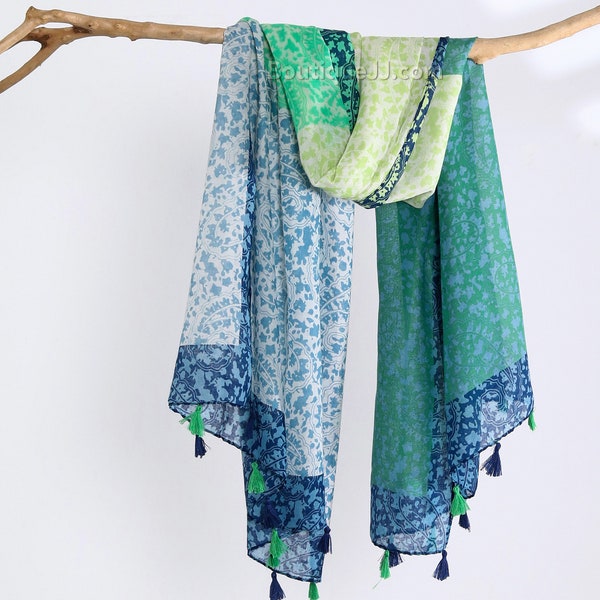 Green Sky Blue Floral Shawl Exotic Tribal Tassel Hijab Soft Voile Gift Scarf Boho Wraps 73x33"