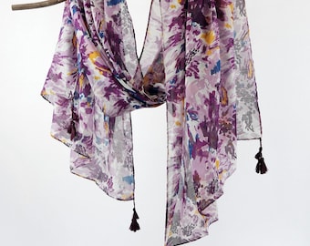 Abstract Purple Lavender Scarf Boho Tassel Shawl Spring Wrap Birthday Mothers Day Gift for Her 73x33"