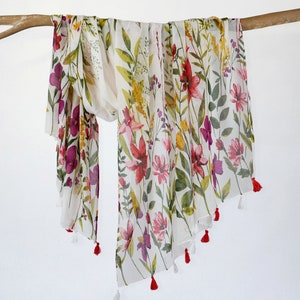 Floral Woman Scarf Botanical Garden Tassel Wrap Birthday Mothers Day Gift For Her