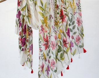 Floral Woman Scarf Botanical Garden Tassel Wrap Birthday Mothers Day Gift For Her