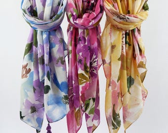 Abstract Watercolor Pink Floral Woman Scarf Botanical Tassel Shawl Boho Flower Wrap Mother's Day Birthday Gift for Her 73x33"
