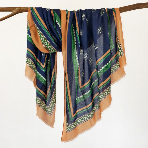 African Tribal Pattern Scarf, Gypsy hair Wrap Blue Yellow Green Boho Exotic Wrap