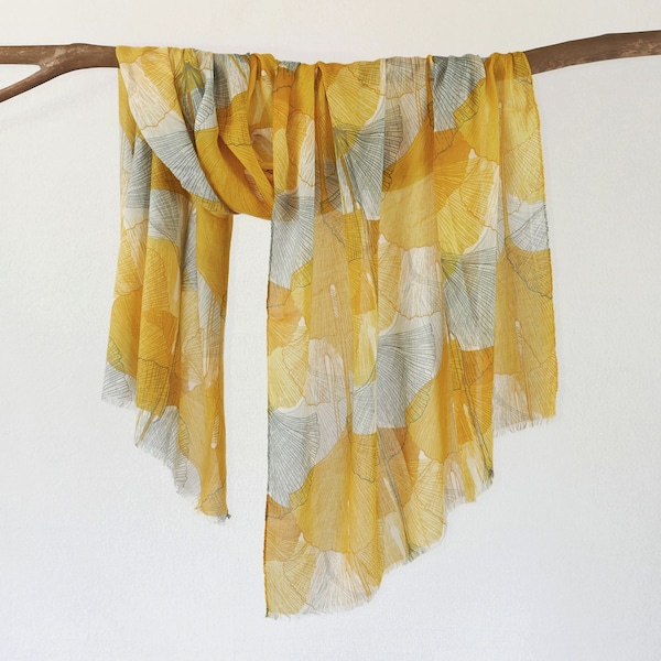 Golden Yellow Ginkgo Leaves Soft Voile Scarf Raw Edge Autumn Shawl Boho Wrap Boho Gift for Her