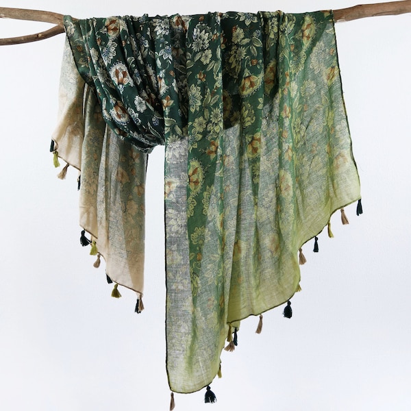 Green Khaki Gradient Floral Shawl Botanical Woman Scarf Earthy Boho Wrap Birthday Mothers Day Gift for Her 73x33"