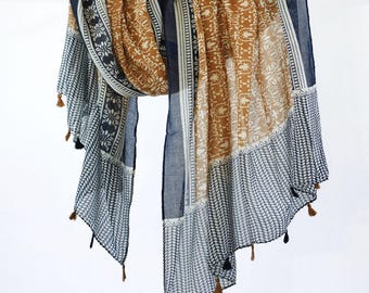 Honey Yellow Earthy Tribal Woman Scarf Exotic Lightweight Bohemian Tassels Shawl Boho Wrap Gift for Her