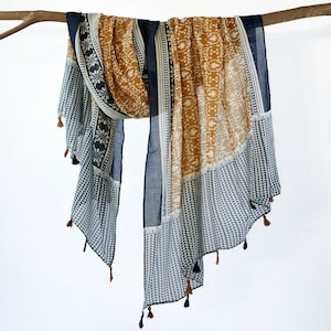 Honey Yellow Earthy Tribal Woman Scarf Exotic Lightweight Bohemian Tassels Shawl Boho Wrap Gift for Her