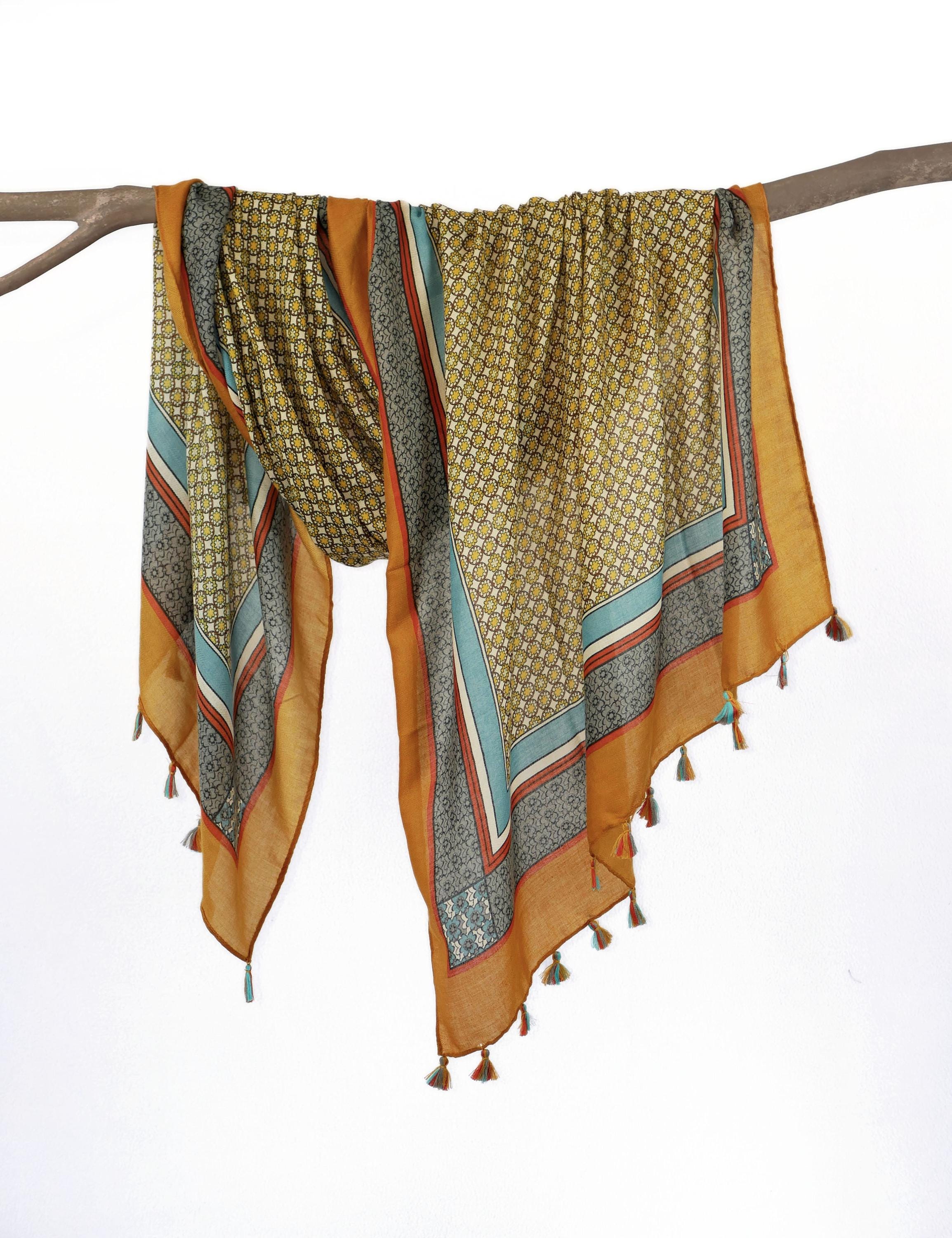 Exotic Honey Yellow Woman Autumn Scarf Boho Tribal Shawl Tassel