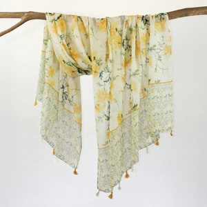 Little Yellow Floral Soft Voile Woman Scarf Tassel Shawl Extra Thin Botanical Spring Wrap Gift for Her