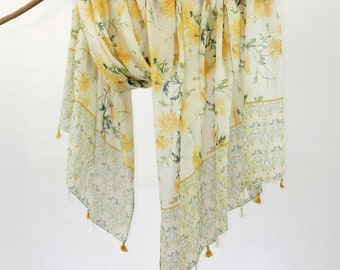 Little Yellow Floral Soft Voile Woman Scarf Tassel Shawl Extra Thin Botanical Spring Wrap Gift for Her