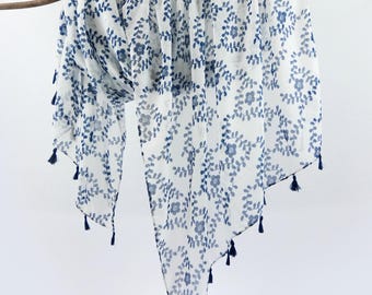 Blue Floral Botanical Semi-transparent Scarf Soft Tassel White Shawls Spring Wrap Mothers Day Birthday Gift for Her