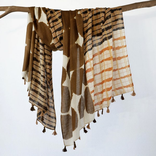 Earthy Brown Abstract Watercolor Unisex Scarf Asian Inspired Zen Tassel Shawl Autumn Wrap Birthday Gift for Her