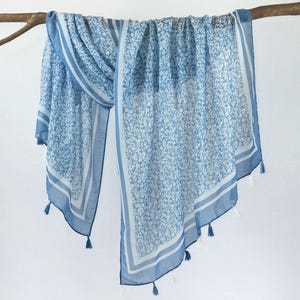 Baby Blue White Lightweight Summer Scarf Soft Tassel Shawl Boho Wrap Gift for Her 73x33&quot;