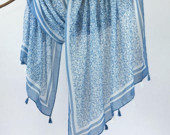 Baby Blue White Lightweight Summer Scarf Soft Tassel Shawl Boho Wrap Gift for Her 73x33&quot;