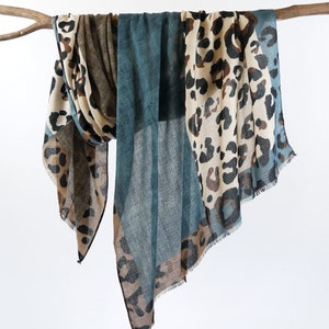 Blue Brown Cheetah Leopard Print Scarf Animal Shawl Unisex Autumn Wraps Gift for Her 71x33"