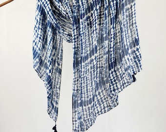 Blue OffWhite Tide Print Exotic Tassel Shawl Navy Autumn Scarf Boho Unisex Wraps