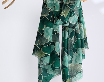 Gold Foil Green Ginkgo Leaves Autumn Scarf Boho Wrap Birthday Gift for Her 71x33"