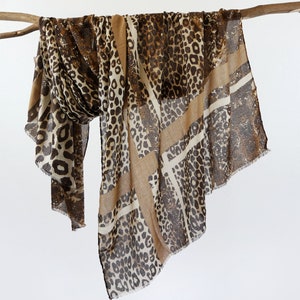 Khaki Stripes Chocolate Brown Cheetah Leopard Print Scarf Unisex Autumn Wraps Birthday Gift for Her 71x33"