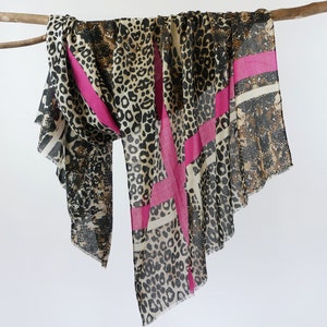 Fuchsia Stripes Earthy Brown Scarf Chocolate Cheetah Leopard Printed Unisex Autumn Wraps Birthday Gift for Her 71x33"