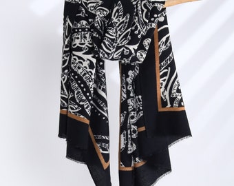 Black White Paisley Spiral Floral Shawl Unisex Winter Scarves Personalized Initial Embroidery Scarf Gift