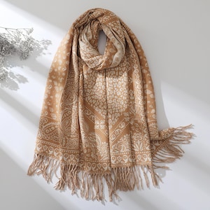 Peach Brown Thick Warm Winter Blanket Scarf Puffy Fringe Shawl Heavy Weight Faux Cashmere Jacquard Woman Wrap Gift for her