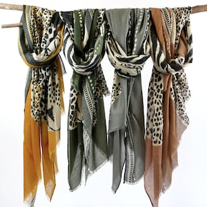Cheetah Leopard Woman Scarf Raw Edge Seaweed Green Animal Print Shawl Boho Wraps Gift for Her 71x33"