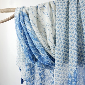 Wood Beads Tassel Woman Scarf Boho Spring Shawl Exotic Blue White Wrap Birthday Mother&#39;s Day Gift for Her 73x33&quot;