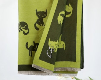 Apple Green Olive Reversible Cat Winter Shawl Cashmere Feel Kitten Scarf Personalized Initial Embroidery Gift for Her