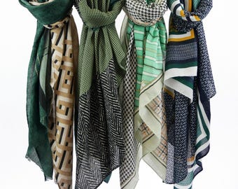 Green Plaid Woman Scarf Cotton Feel Autumn Shawl Gift for Mom Sis Wife Her 71x33"