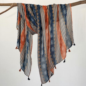 Red Orange Navy Tribal Scarf Cinnamon Blue Cotton Feel Exotic Tassel Shawl Birthday Mother's Day gift for Her