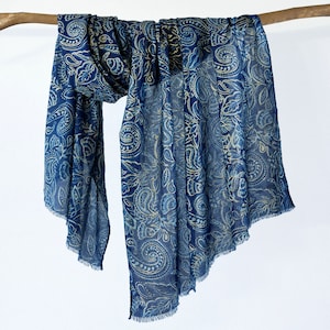 Gold Foil Paisley Floral Woman Scarf Raw Edge Navy Blue Autumn Shawl Boho Flower Wrap Gift for Her