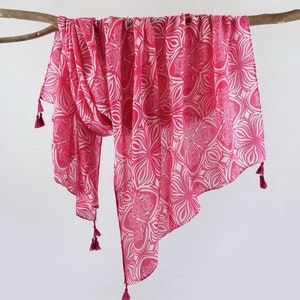 Hot Pink Cotton Feel Woman Scarf Autumn Tassel Shawl Boho Floral Wrap Mothers Day Birthday Gift for Her 73X33&quot;