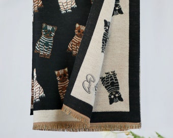 Black Beige Brown Earthy Cat Winter Shawl Cashmere Feel Kitten Scarf Personalized Initial Embroidery Gift
