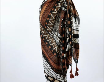 Ethnic Earthy Brown Woman Scarf Boho Tribal Tassel Shawl Exotic Wrap Beach Cover up